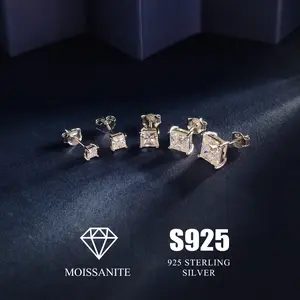 1 Pair Of Square Moissanite Earrings, 925 Sterling Silver, Gifts For Men And Women, With Jewelry Box, Girls, High Precious Earrings Gift