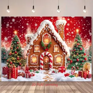1pc 2D Flat Winter Christmas Backdrop Banner - Snowy Gingerbread House & Tree Design with Presents, Polyester Party Decoration for Birthdays, Holiday Celebrations, and Festive Events, Christmas Dec Ornaments White