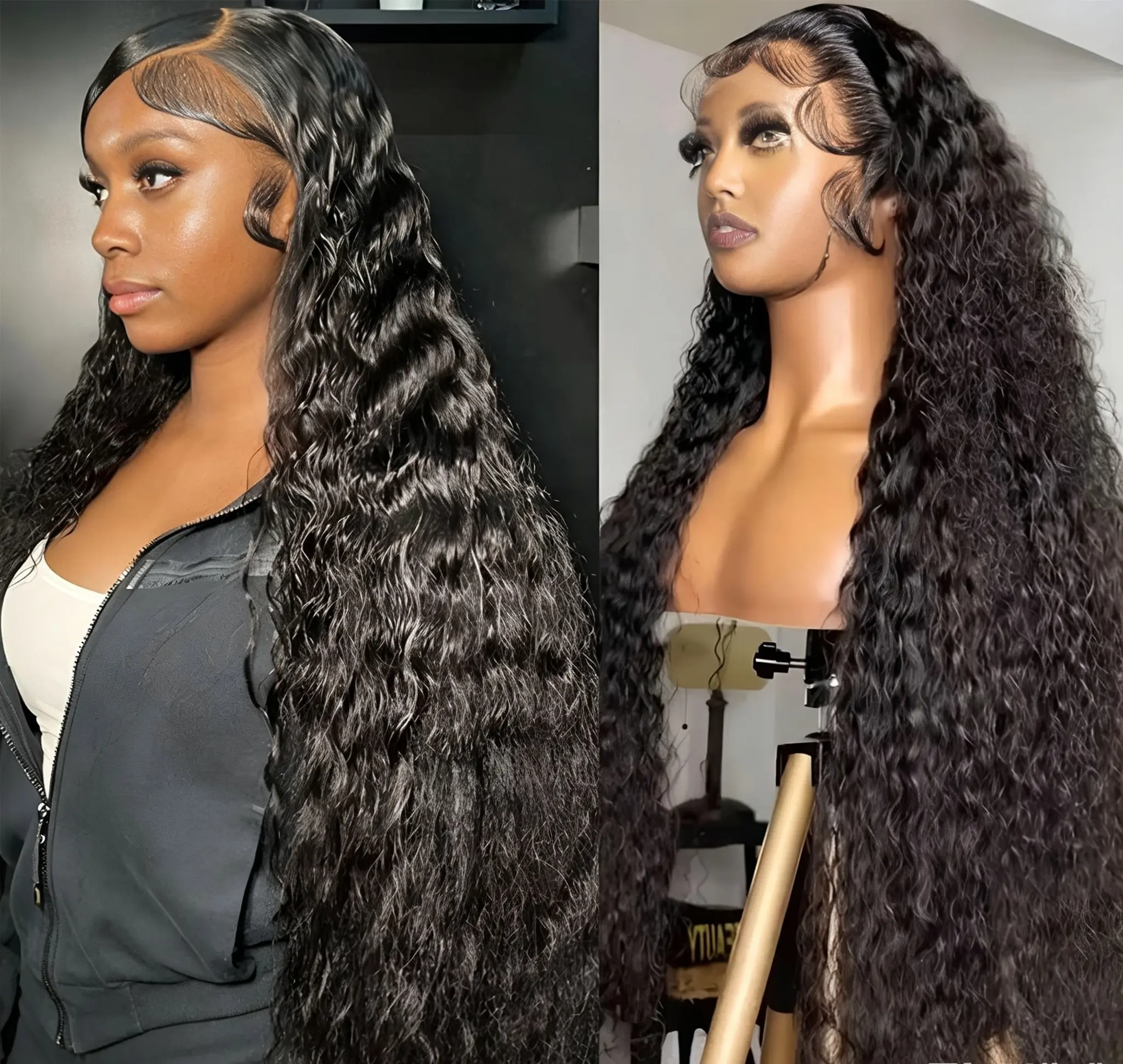 Lemoda 13x4 15A 210% Density 13x6 SKINLIKE Real HD Lace Water Wave Full Lace Frontal Wigs Deep Wave Virgin Human Hair Invisible 0.1mm Ultra-thin Frayed Ends Wet and Wavy Lace Front Wig Tiny Knots