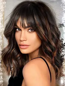 14 inch Black Mixed Brown Short Bob Style Wavy Wig with Bangs Synthetic Wavy Hair Natural Heat Resistant Heat Friendly Wig for Women Daily Party Daily Wear Wig