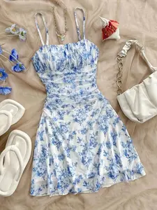 Teenage Girl Floral Print Halter Dress Fit, New Fashion Elegant Casual All-Season Summer, Youthful Style for Spring & Fall