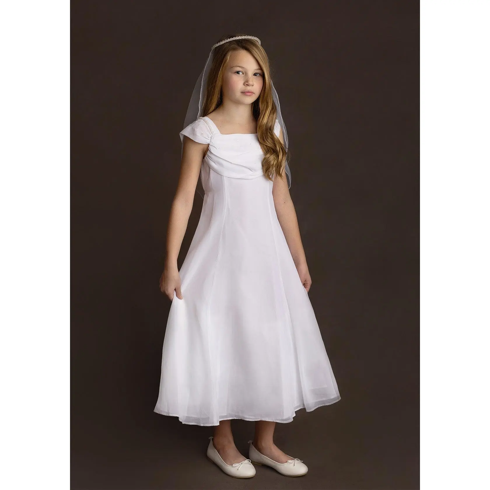 Chiffon Communion Dress w/ Beaded Shoulder Detail