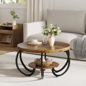 Garvee Round Coffee Table, 30 in, 2-Tier Industrial Design Center Table with Adjustable Feet, Wood Grain Finish, Open Storage Shelf, Perfect Accent for Living Room