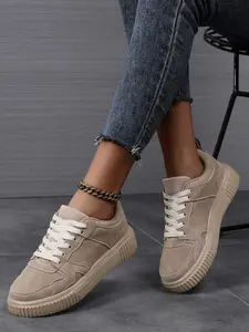 Women's Casual Patchwork Design Sneakers, Lightweight Breathable Low Top Shoes, Round Toe PU Leather, All Season Wear, Walking Shoes, Fashionable Daily