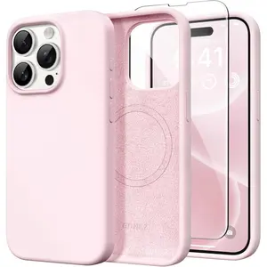 GONEZ Magnetic for iPhone 15 Pro Case, [Compatible with MagSafe] Anti-Scratch Microfiber Lining & Screen Protector, Shockproof Slim Phone Silicone Cover 6.1 inch, Chalk Pink