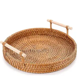 Round Rattan Tray 8.7Inch - Handwoven Wicker Tray with Strong Base, Cute Country Style Design, Easy to - Wicker Trays for, Coffee Table, Fruits, Vegetables, Bread, Restaurant & Kitchen Use