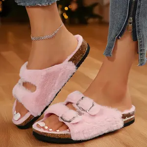 Womens Slippers Faux House Slippers Slip on Open Toe Slippers with Arch Support Adjustable Buckles Fuzzy Slides Sandals Slippers Springfresh