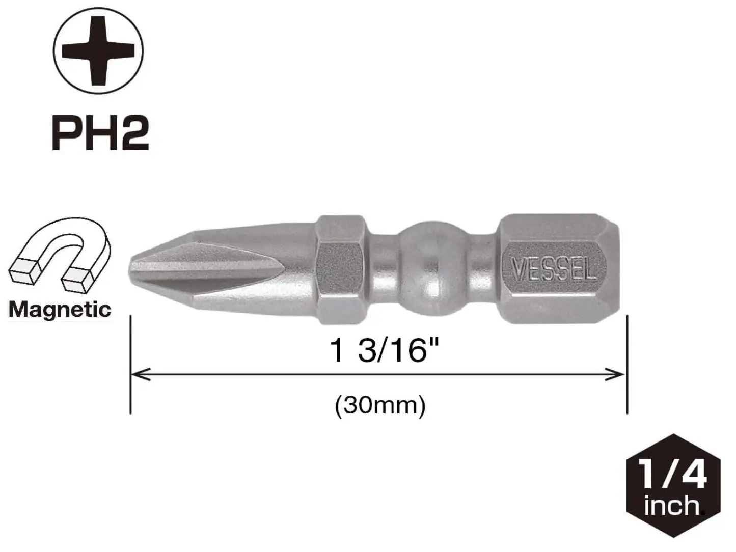 VESSEL - Anti-Stuck Impact Ball Torsion Bits 1 3/16" Ph2X30 15Pc (Tictac) (IBPH230P15T)
