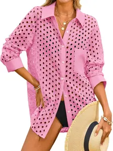 Fisoew Sports 2026 summer Spring Womens Hollow Out Swimsuit Coverup Shirt Button Down Bathing Suit Cover Ups Beachwear White Green