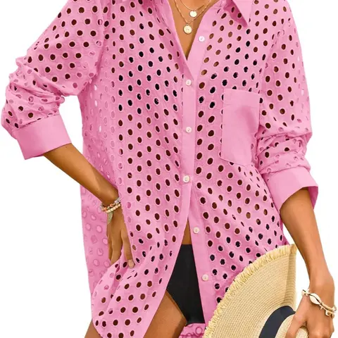 FISOEW Women's Sporty Chic Button-Down 80% Polyester-20% Cotton Swimsuit Cover Up - 2026 Spring-Summer Hollow-Out, Airy, Modest Standard Sizes, 2 Colors (White Polka Dot, Green), Classic Beach Wear