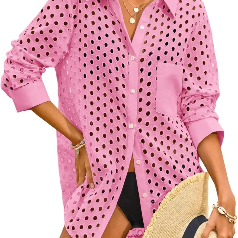FISOEW Women's Sporty Chic Button-Down 80% Polyester-20% Cotton Swimsuit Cover Up - 2026 Spring-Summer Hollow-Out, Airy, Modest Standard Sizes, 2 Colors (White Polka Dot, Green), Classic Beach Wear