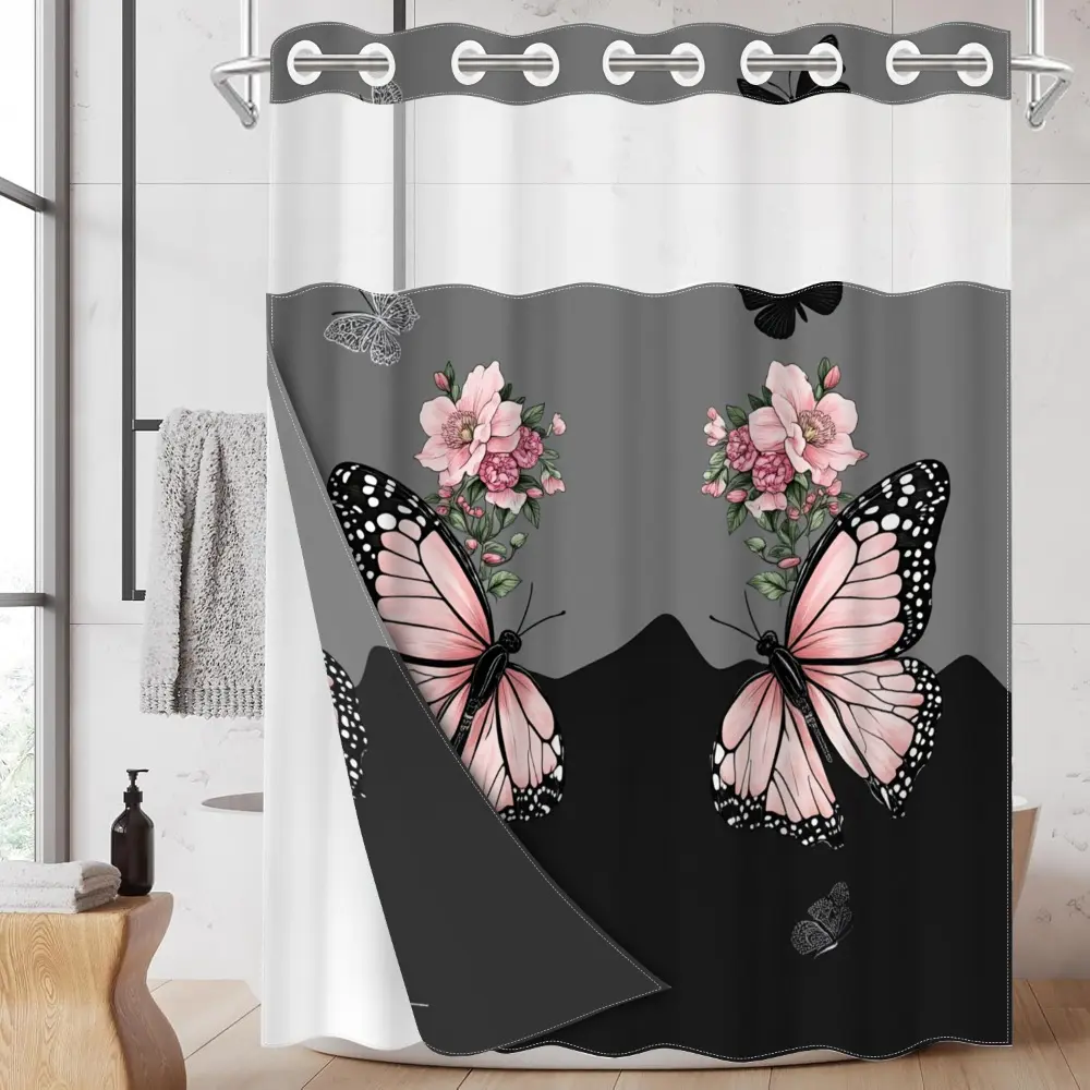 1pc hookless Aesthetic Shower Curtain with buckle lining, spring pink floral butterfly gray-black design, 2D flat printing, fabric waterproof lining, see-through double-layer shower curtain, 71 x 74 inches, home draping curtain, Bathroom Decor