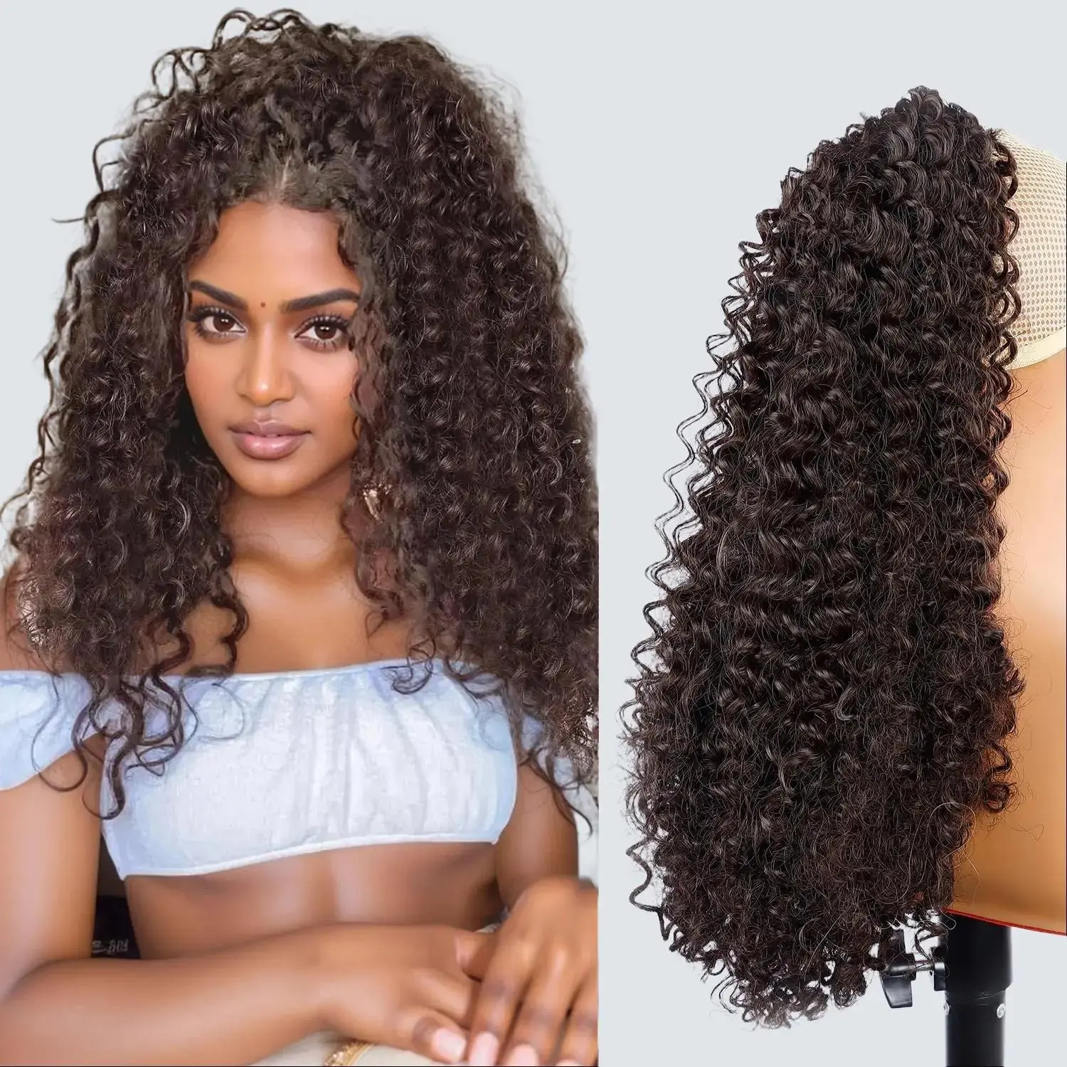 TwiceBeauty 20-Inch Clip-in Afro Kinky Curly Fluffy Ponytail Extension - Heat Resistant Synthetic, Synthetic Soft Hairpieces, 170g±5g Dark Brown, for Women's Daily, Dating Use, Afro Curly Style, 20 Inch Hair, Costumes