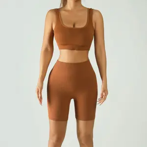 Women's Seamless Ribbed Yoga Set Solid Color Sports Tank Top Shorts High Stretch Workout Outfit for Running Fitness Gym