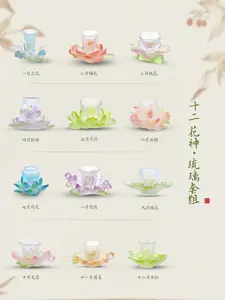 [12 Flower Spirits] Colored Glaze Cup Saucer Set, Handmade Each for Monthly Flower, Chinese Aesthetic Tea Table Accessory, Home Decoration &amp; Practical Ornament, 12-Piece Gift Box, For Holidays &amp; Eastern Culture Enthusiasts