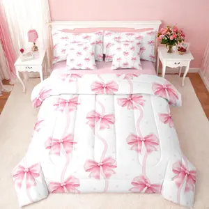Pink Bow Comforter Bed Set,7 Piece Bed Bag,Girls Princess Style Bows Bedding Set,Kids Girly Cute Bowknot Comforter,and Sheets,Kawaii Dreamy Ribbon Bed Set