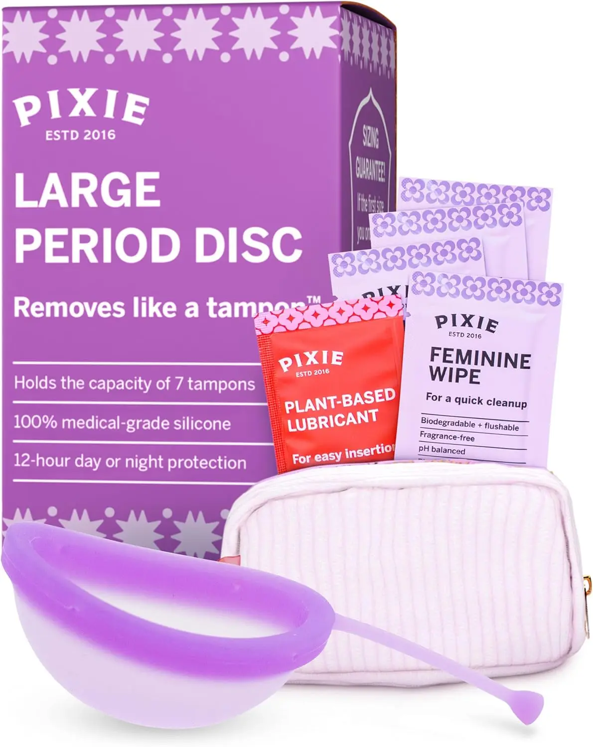 Pixie Menstrual Disc for Feminine Care - Ranked 1 for Best Tampon Alternative Period Disc - 100% Medical-Grade Silicone - Removes Like a Tampon - Wear 12 Hours - Capacity of 7 Tampons (Large, Purple)