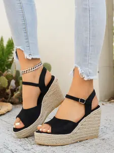 Women's Boho Buckle Strap Thick Sole Sandals, Summer Wedge Design Platform Shoes, Elegant Classic Ladies' New One-Strap Braided Heeled Flip Flops