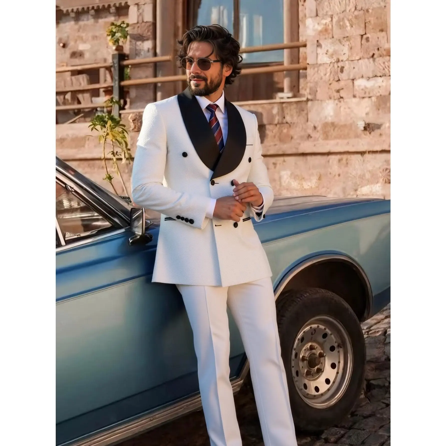 Men's Polyester Floral Jacquard Shawl Lapel Double-Breasted Long Sleeve Slim Fit Blazer Set (Jacket + Pants with Pocket) - Menswear 2Pcs Tuxedo for Wedding Party Groom, Smooth, Trouser, Matching, Breathable, Tapered