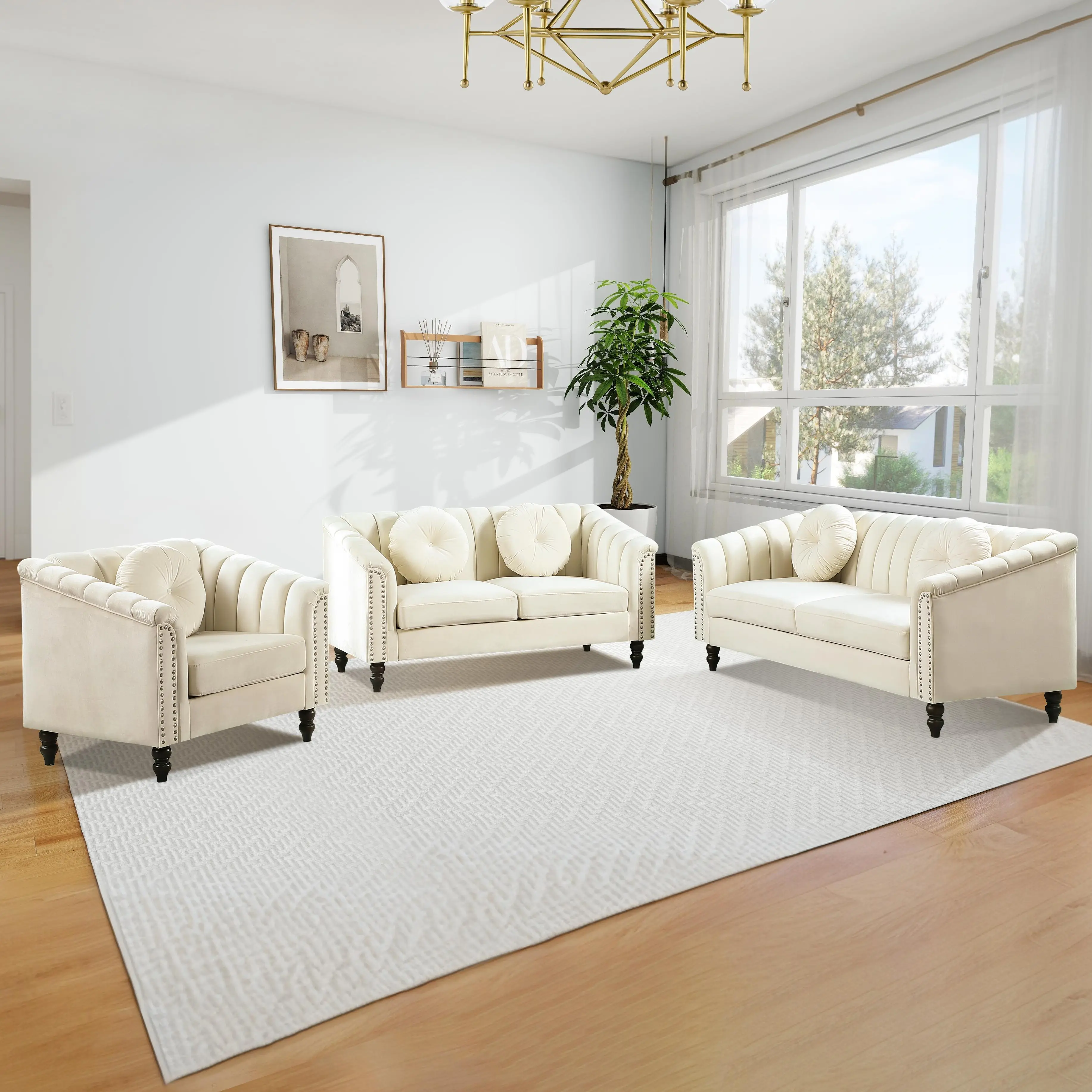 White Microfiber 3-Piece Compact Minimal Sofa Set, Plush Upholstered Modern Living Room Furniture, Perfect for Home Theater & Small Space Decor, Compact Sofa Sets, Minimal Sofa Sets