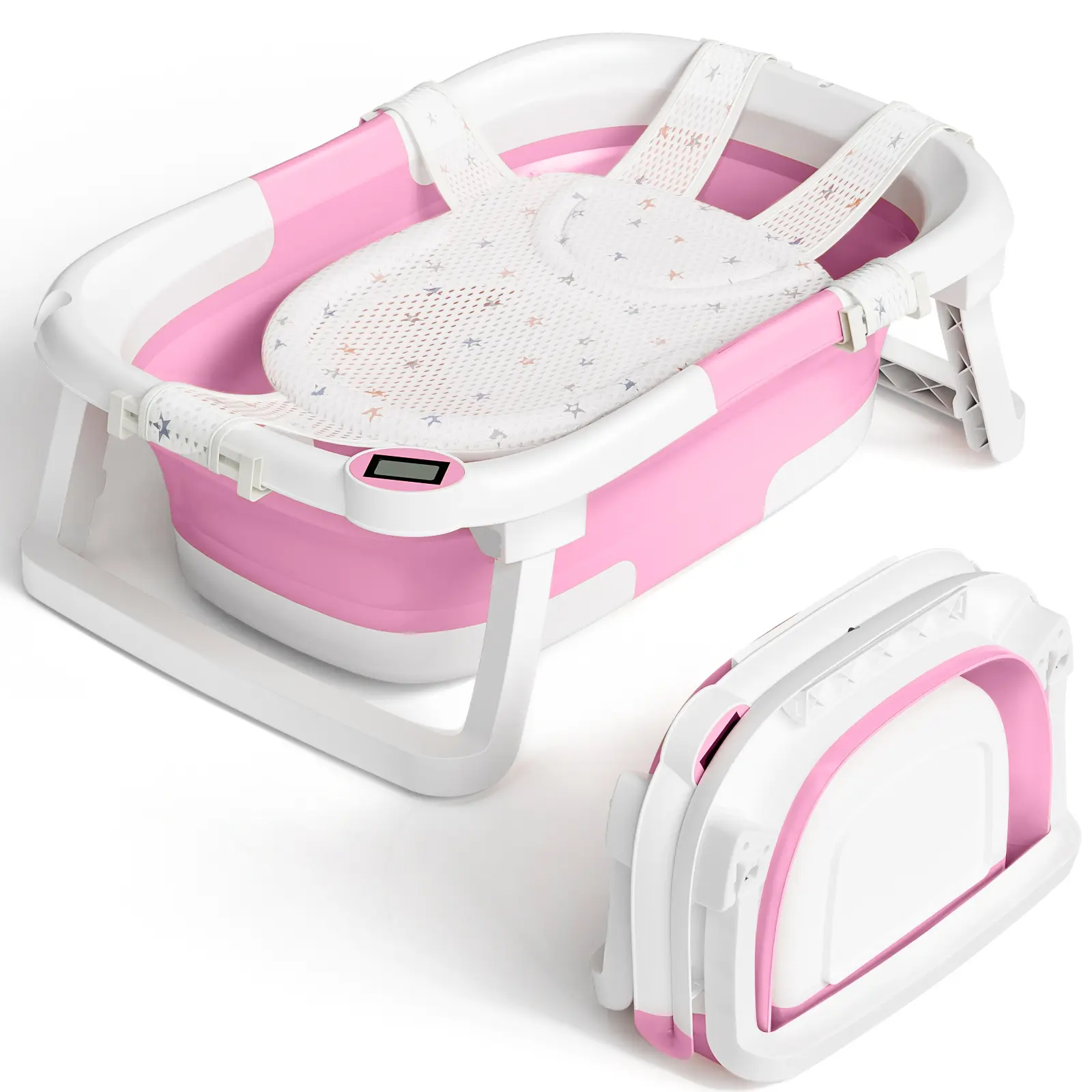 Collapsible Baby Bathtub with Real-time Temp Monitor + Floating Cushion, Foldable Baby Bath Tub Set - Perfect Portable Travel Baby Tub Cute Care