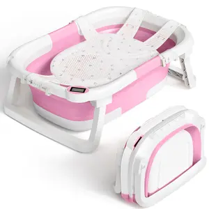 Collapsible Baby Bathtub with Real-time Temp Monitor + Floating Cushion, Foldable Baby Bath Tub Set - Perfect Portable Travel Baby Tub Cute Care