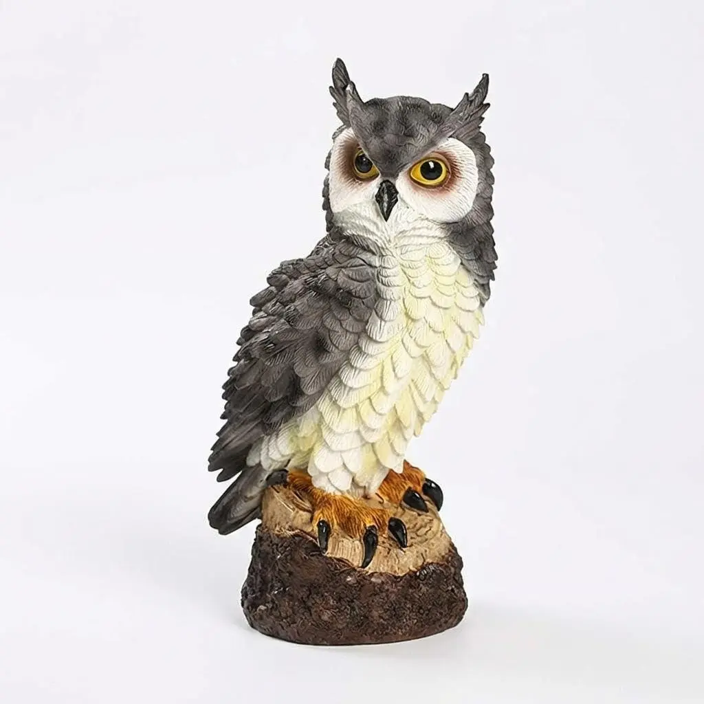 Resin Owl Garden Figurine in Grey, Weatherproof Decorative Sculpture for Garden Patio and Lawn Robust Elegant Outdoor Ornament