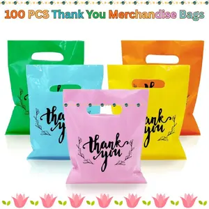 100 PCS Thank You Merchandise Bags, Small Plastic Goodie Bags, Party Favor Bags for Birthday, Baby Shower, Wedding, Mother's Day Gifts, Trade Show Bags
