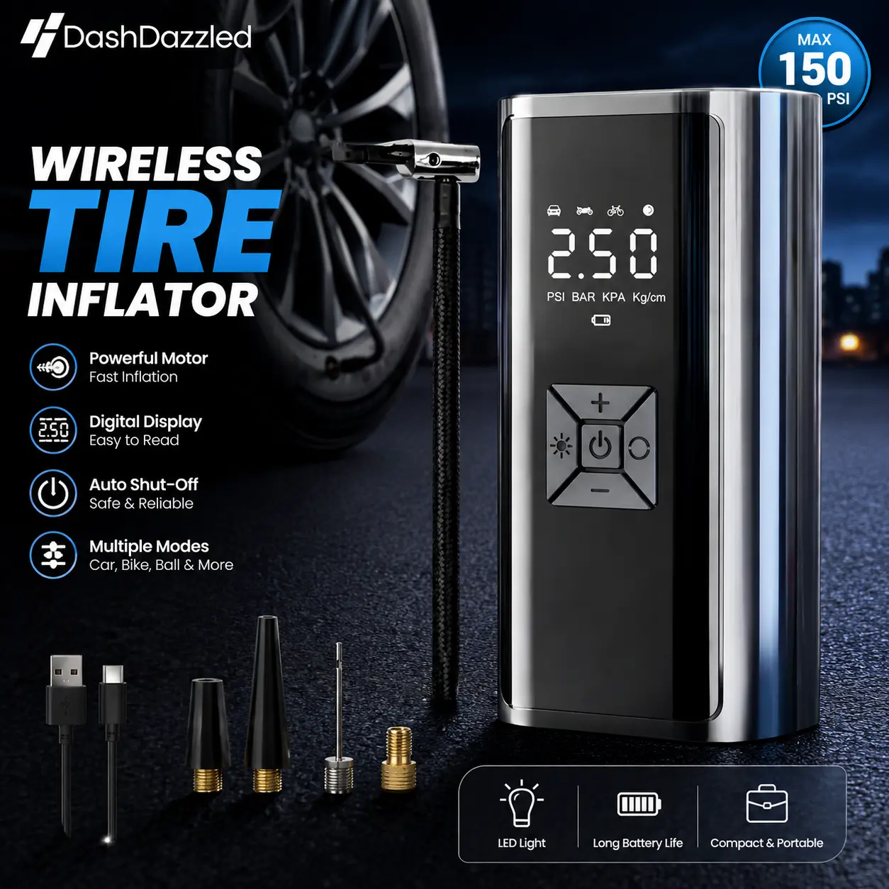 Portable Cordless Tyre Inflator Air Compressor, Digital Rechargeable Air Pump with LED Light, Pressure Display & Multiple Nozzles for Car, Bike, Motorcycle, Balls & Inflatables Emergency Air Pump