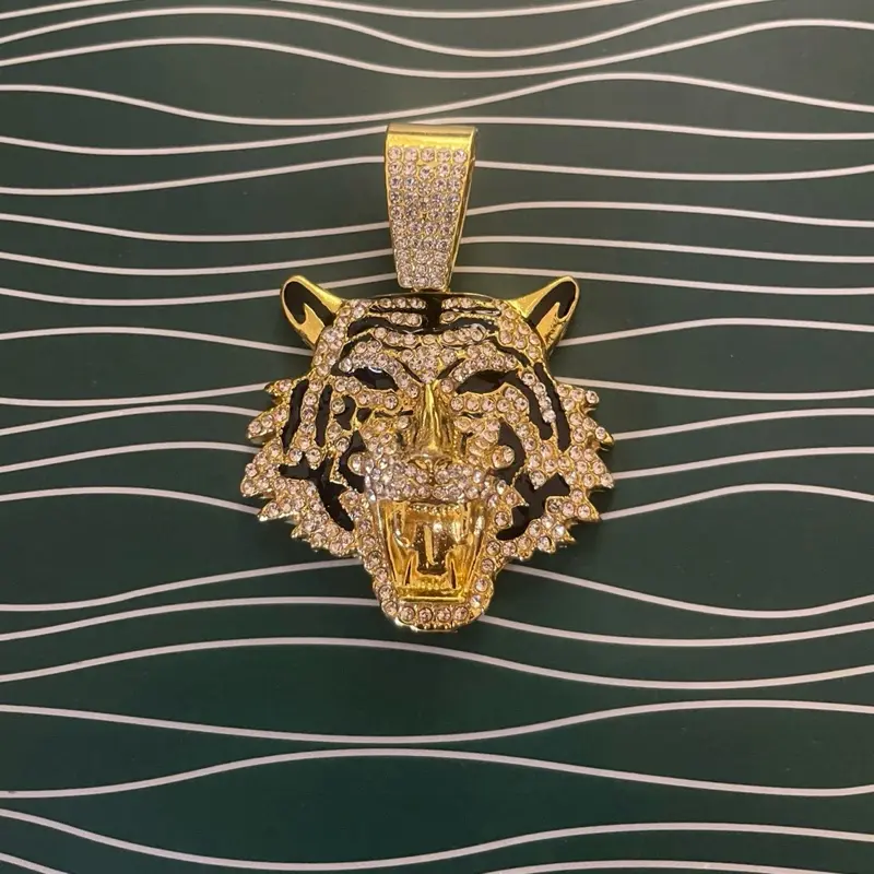 Tiger Pendant - Gold Color with Rhinestones, Animal Design, Fashion Jewelry for Men and Women