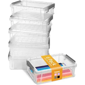 6 Pack Extra Large Pencil Box, Plastic Pencil Case Crayon Box, Clear Marker Organizer Plastic Containers with Lid, Stackable Storage Boxes for Art Craft,Pen,Back to School Teacher Supplies, Grey