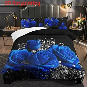 3-piece set of black background blue rose digital printed bedding made of polyester material, including 1 duvet cover and 2 pillowcases (unfilled), is the preferred bedding for bedrooms, dormitories, and famous guests