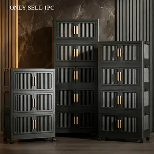 Multi-functional, large-capacity, foldable storage cabinet, tool-free installation, with magnetic door and wheeled storage box, moisture-proof and dust-proof, 3/4/5-tier stackable storage cabinet