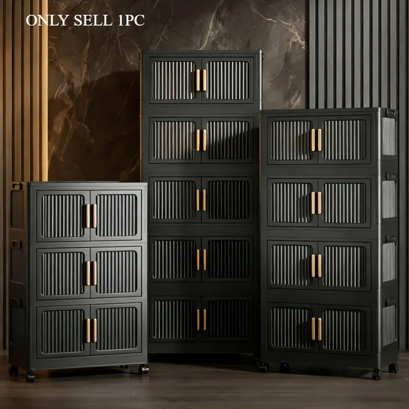 Multi-functional, large-capacity, foldable storage cabinet, Folding storage cabinet, Multifunctional storage cabinet, tool-free installation, with magnetic door and wheeled storage box, moisture-proof and dust-proof, 3/4/5-tier stackable storage cabinet