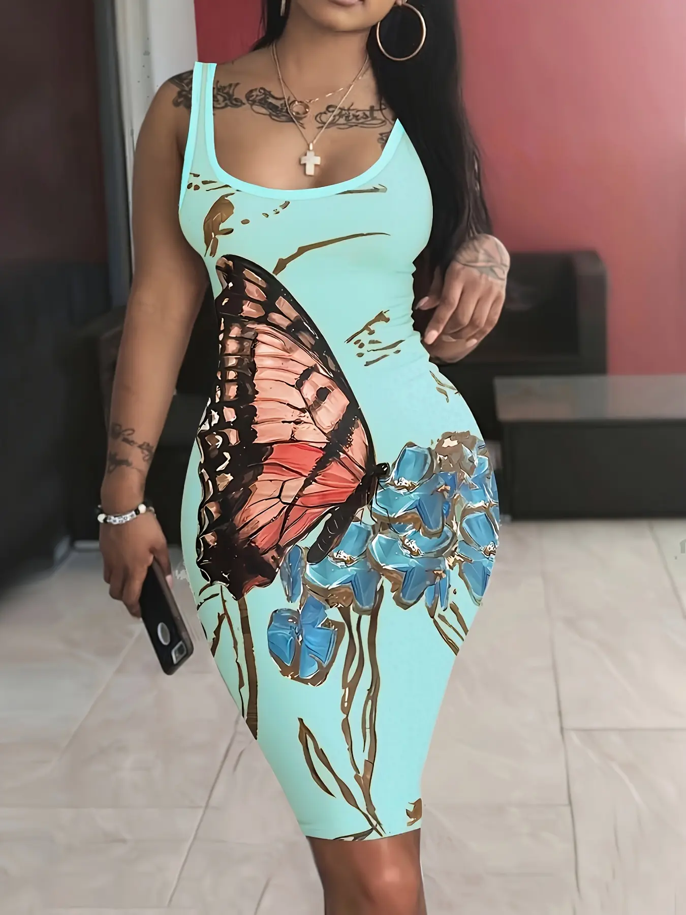 Women's Butterfly Element Casual Vest Dress, Spring Summer Fashion, Sleeveless Round Neck, Short Length, Back Sleeveless Bodycon Side Slit, Perfect for Daily Wear, Elegant Fitted Dresses