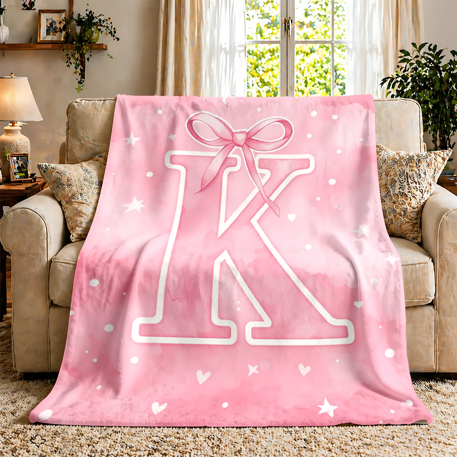 Personalized Letter A - Z Throw Blanket, Pink Bow Flannel Blanket, Soft Cozy Warm Throw, Watercolor Star Heart Design, Custom Gift for Her Girlfriend Daughter, Cute Girly Bedroom Couch Decor ﻿ holiday monthersday
