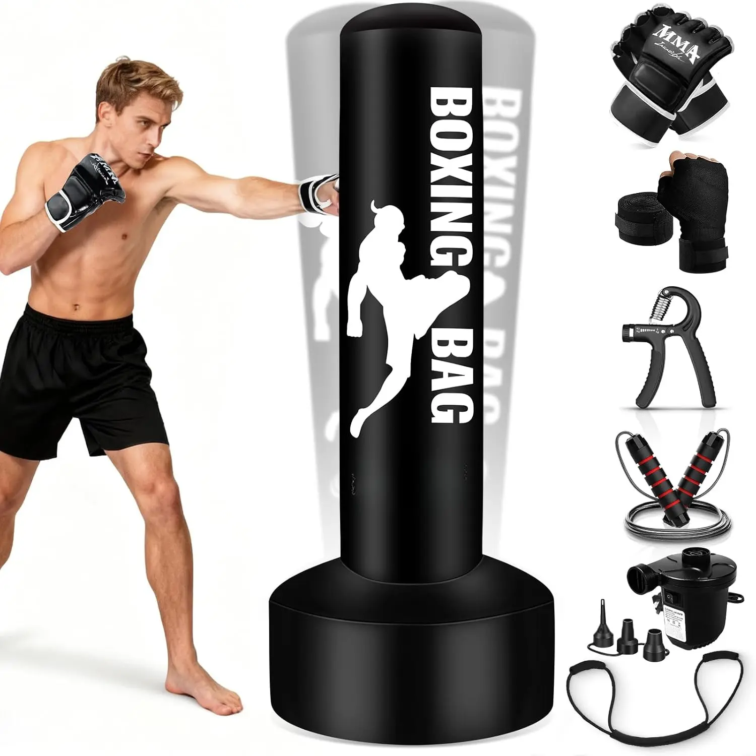 Standing Punching Bag Set for Adults - Kickboxing Bag with Stand, Martial Arts Training Equipment for Home Gym Stress Relief, MMA Training Gear with Boxing Gloves, Electric Air Pump, Grip Trainer, Jump Rope & Band