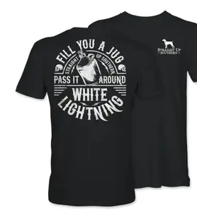 White Lightning Moonshine Jug T-Shirt – Retro Southern Whiskey Graphic on Black Unisex Tee