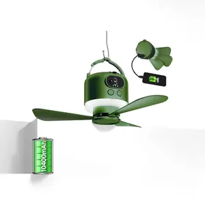 11" USB Rechargeable Camping Tent Ceiling Fan - 10400mAh, 3 Adjustable Speeds, Remote Control, Built-in Power Bank, Bright LED Light, Portable Hanging Fan for Outdoor Camping, RV, Dorm (White)
