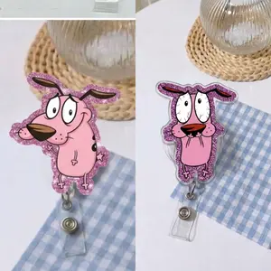 90s Nostalgia Pink Dog Badge Reel Retractable | Cute Glittery Cartoon Animal ID Holder | Funny Overwhelmed Nurse Office Name Tag Clip | Whimsical Clinical Lanyard Accessory