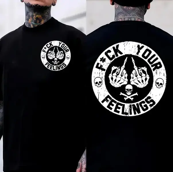 Vintage Grunge Double Sided Skeleton Middle Finger Skull Circle Logo Cotton Tee Summer Cool 100% Offensive Dark Punk Street Trend Casual Daily Unisex Outfit