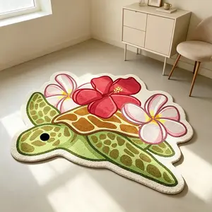 Tropical Fusang Flower Sea Turtle Carpet Thickened Anti slip Plush Material Study Trendy Decorative Mat Bedroom Atmosphere Foot Mat Small and Fresh Style Home Alien Floor Mat