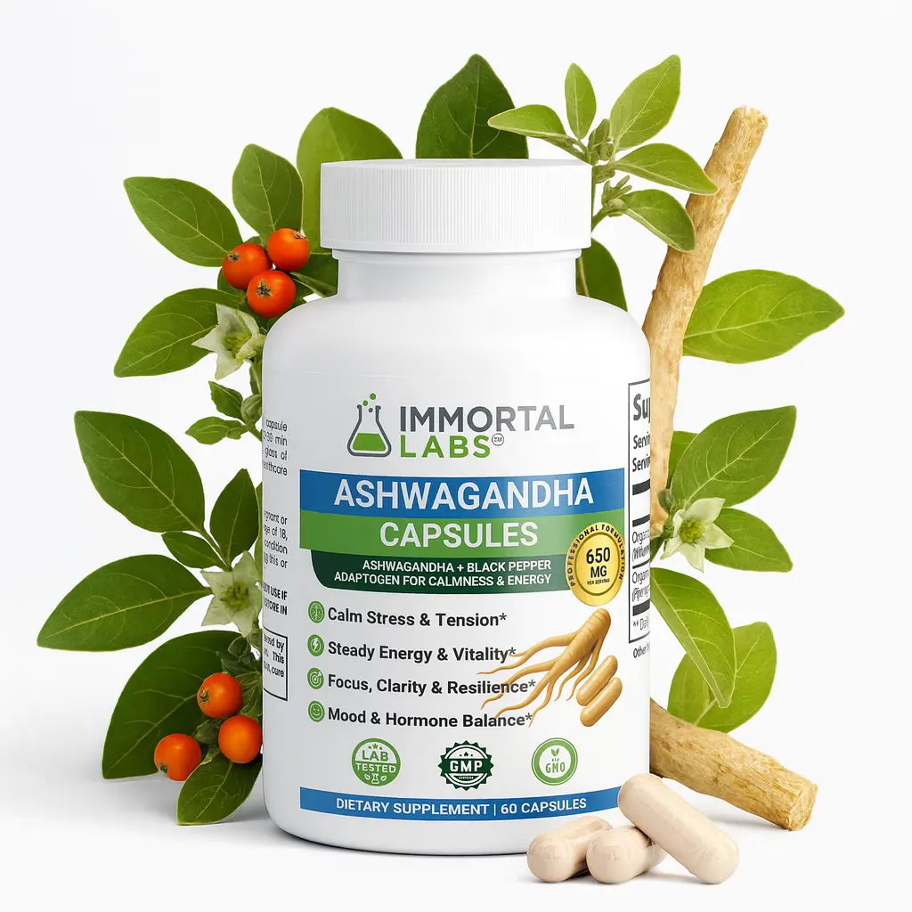 IMMORTAL LABS Ashwagandha Capsules - 60 Non-GMO capsules of Organic Ashwagandha Root with Black Pepper for Calm Balance and Vitality & Stress Relief Dietary Supplement