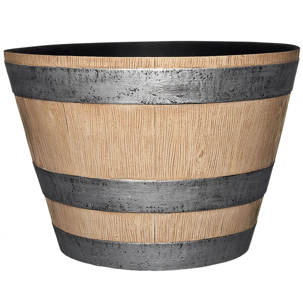 Large Natural Oak Resin Lightweight Round Barrel Planter (17.7 in. L x 17.7 in. W x 12.4 in. H)