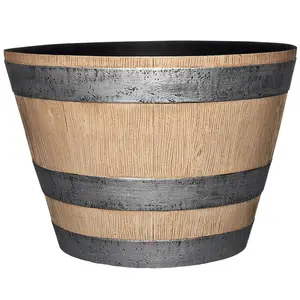 Large Natural Oak Resin Lightweight Round Barrel Planter (17.7 in. L x 17.7 in. W x 12.4 in. H)