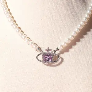 18k Gold Plated Purple Saturn Necklace Choker, Handmade Pearl & Zirconia, Sparkly Celestial Jewelry for Women