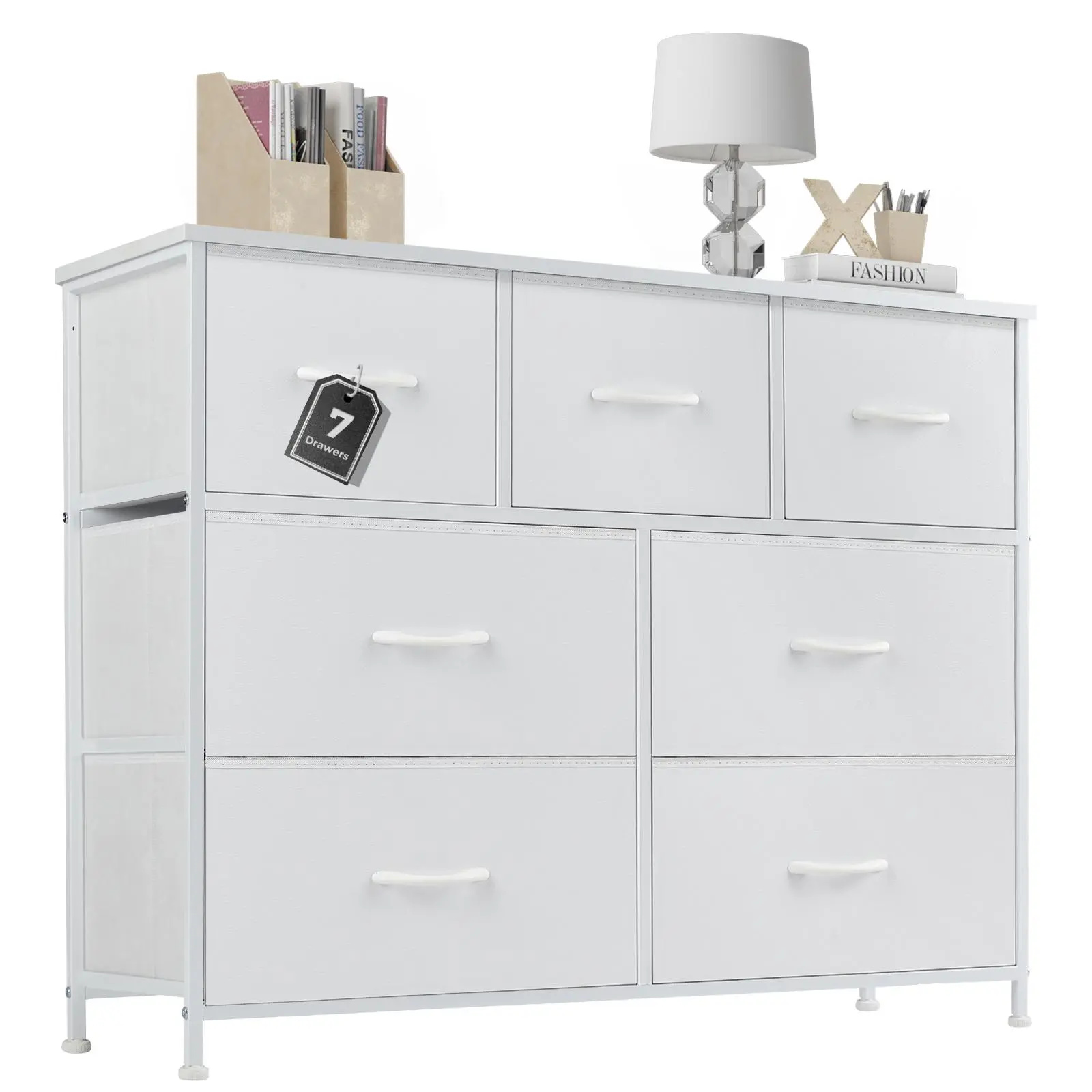 【Deal】Drawer Dresser Organizer Storage Drawers Fabric Storage Tower with 7 Drawers, Chest of Drawers with Fabric Bins, Steel Frame, Wood Top