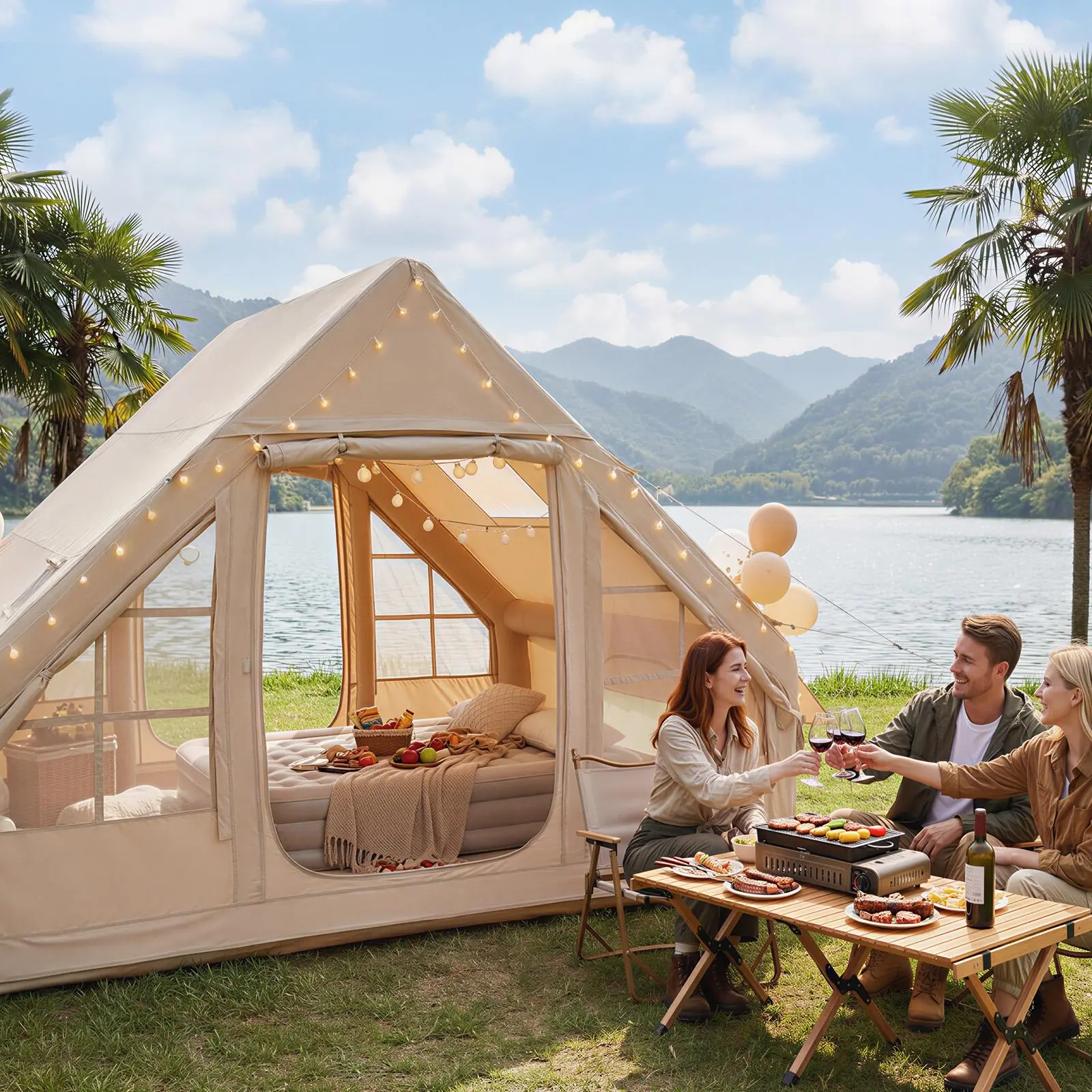 【Clearance】Aoxun Inflatable Tent - 4-8 Person Family Camping Tent, 420D Oxford Waterproof, Windproof Outdoor Shelter with Instant Setup & Chimney Port