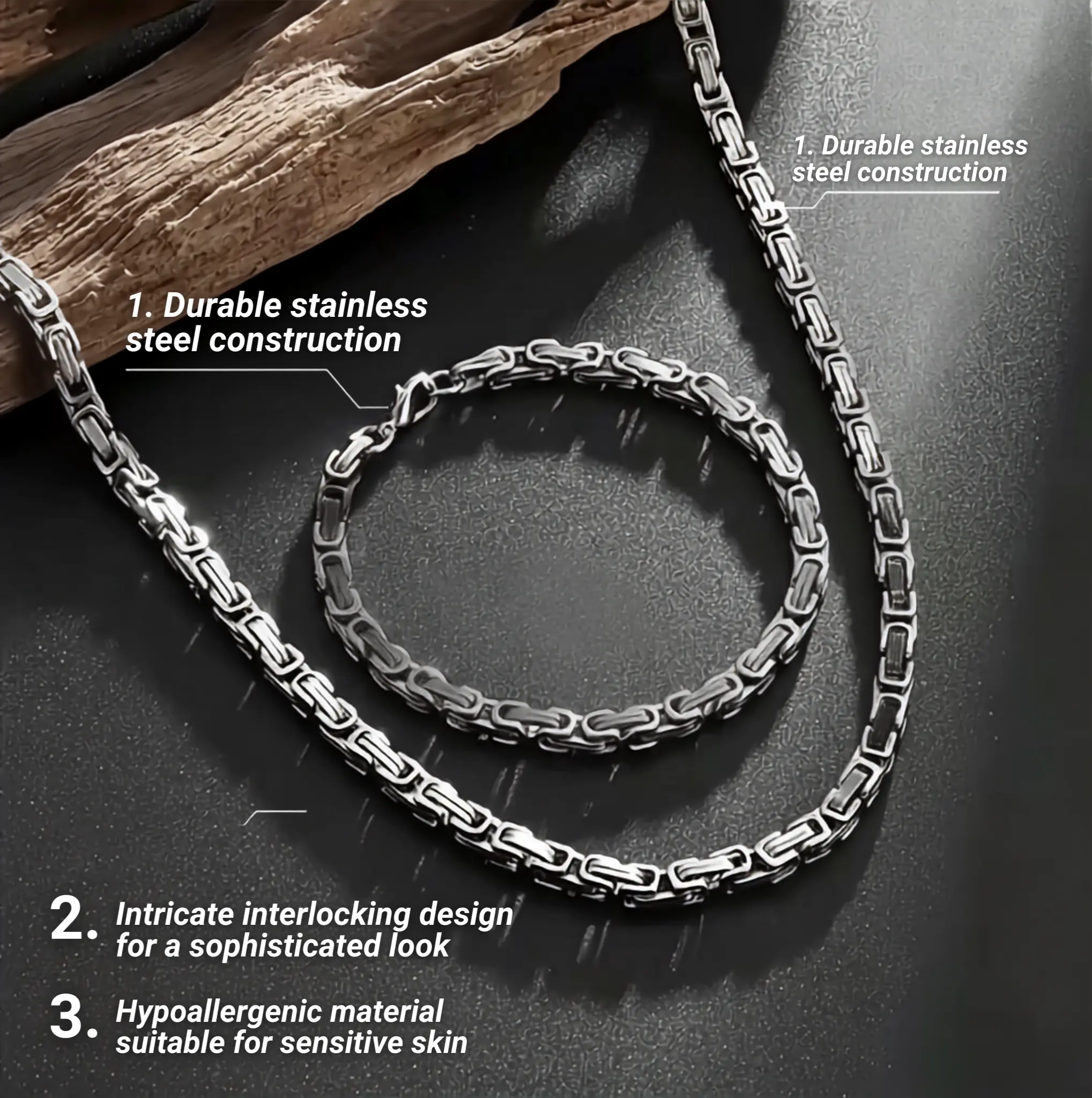 Chunky 2-Piece Jewelry Set for Men with Rectangular Byzantine Box Links, Hip Hop Stainless Steel Necklace & Bracelet, Chunk, Geometric, Unisex, Casual, Chain & Link, Daily, Engagement
