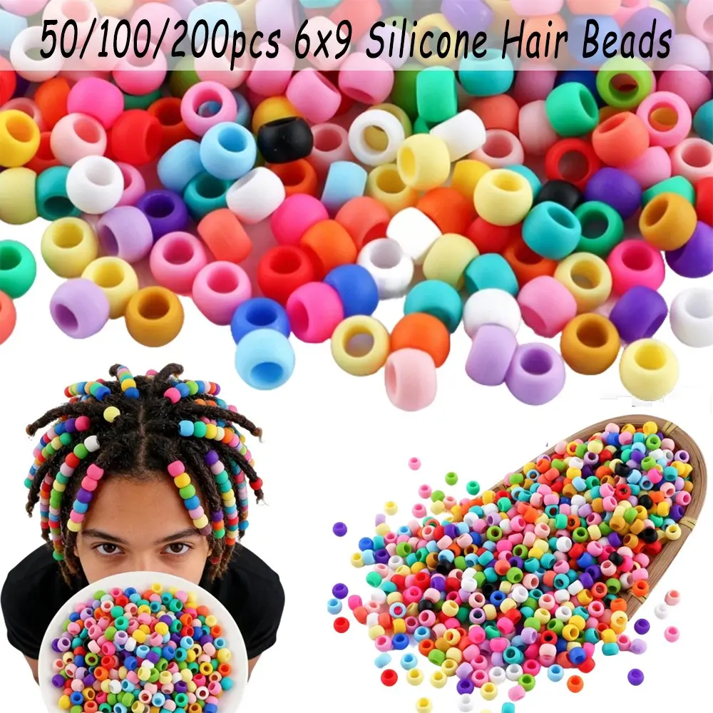 50/100/200pcs 6×9 Silicone Hair Beads Designed for Women's Braided Hairstyles Soft, Gentle and Colorful Hairstyling Ponytail Beads Bulk Supply Packs of Hair Accessories for Women's Braided Hairstyles
